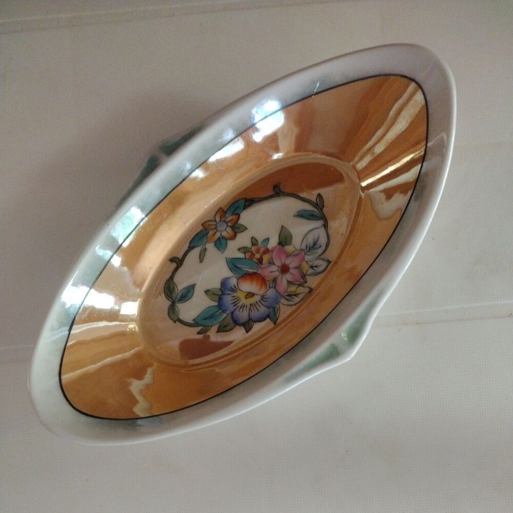 Noritake Hand Painted Lusterware Small Oval Dish Floral Gold Trim  Art Deco